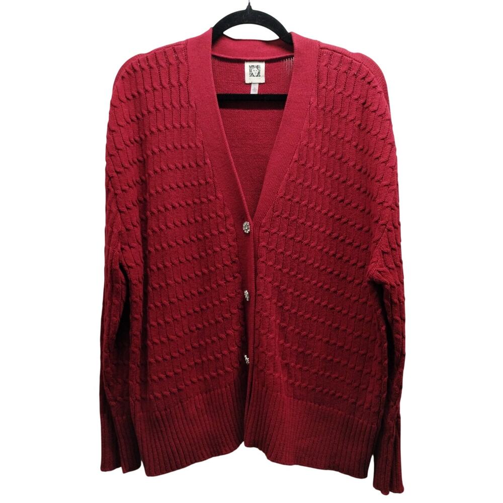 Anne Klein Size XL Red Cable Knit Jeweled Rhinestone Button Up Cardigan Sweater